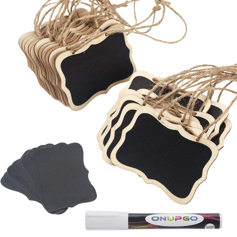 ONUPGO 20 Pack Mini Chalkboard Tags with Liquid Chalk Marker, Erasable Wooden Chalkboard Signs with Hanging String, Price Tags, Message Tags for Wedding Decor, Party Buffet Display, Place Cards - Image 1